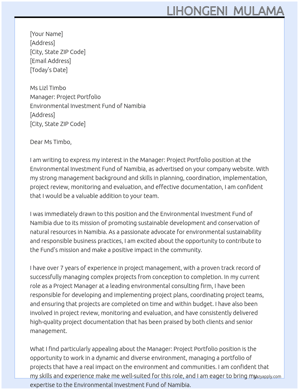 manager: project portfolio At Environmental Investment Fund of Namibia Cover Letter