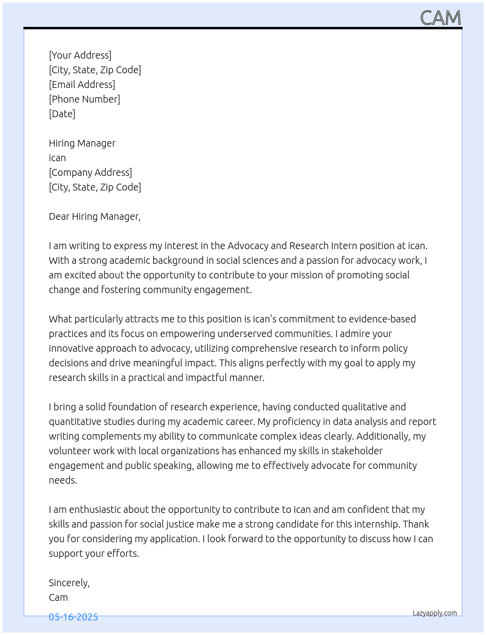 advocacy and research intern At ican Cover Letter