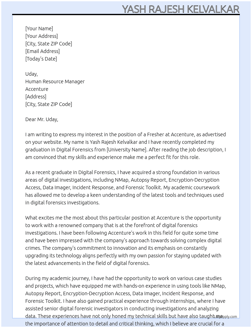Fresher At Accenture Cover Letter