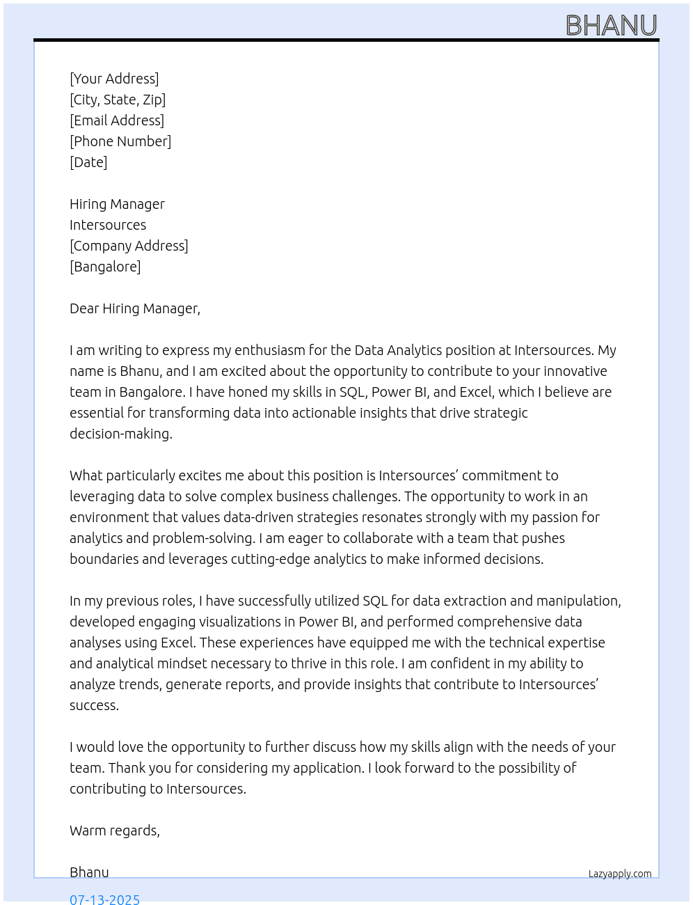 Data Analytics At Intersources Cover Letter