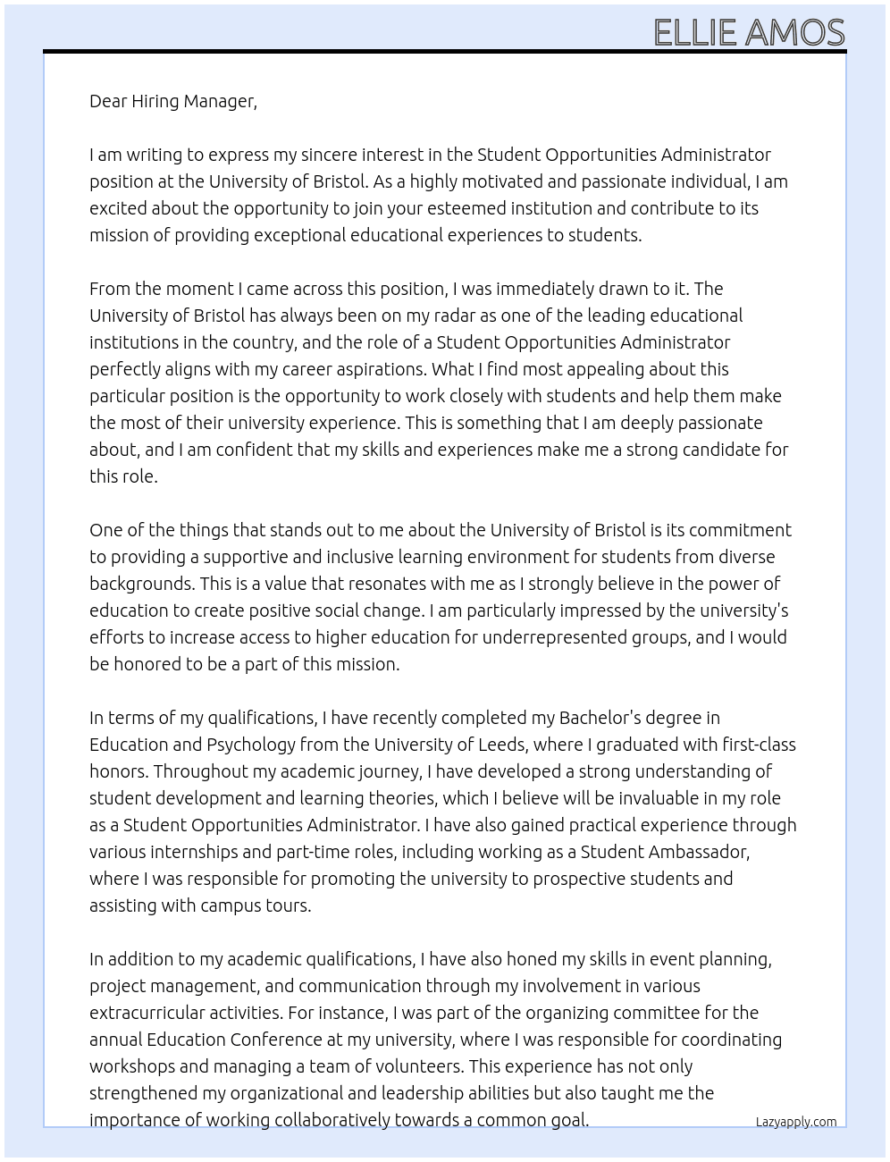 Student Opportunities Administrator At University of Bristol Cover Letter