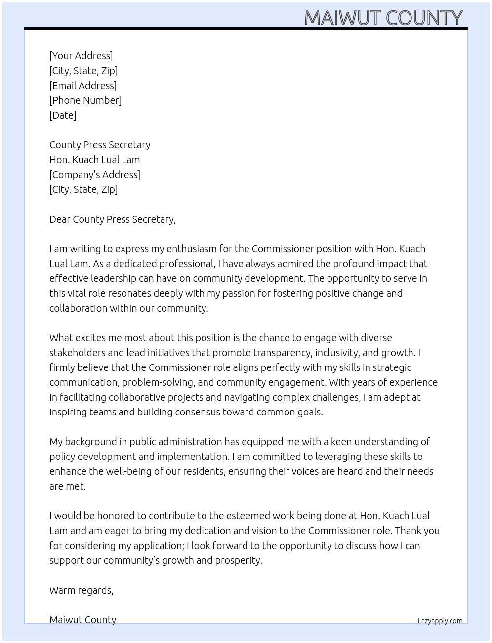 Commissioner  At Hon. Kuach Lual Lam Cover Letter