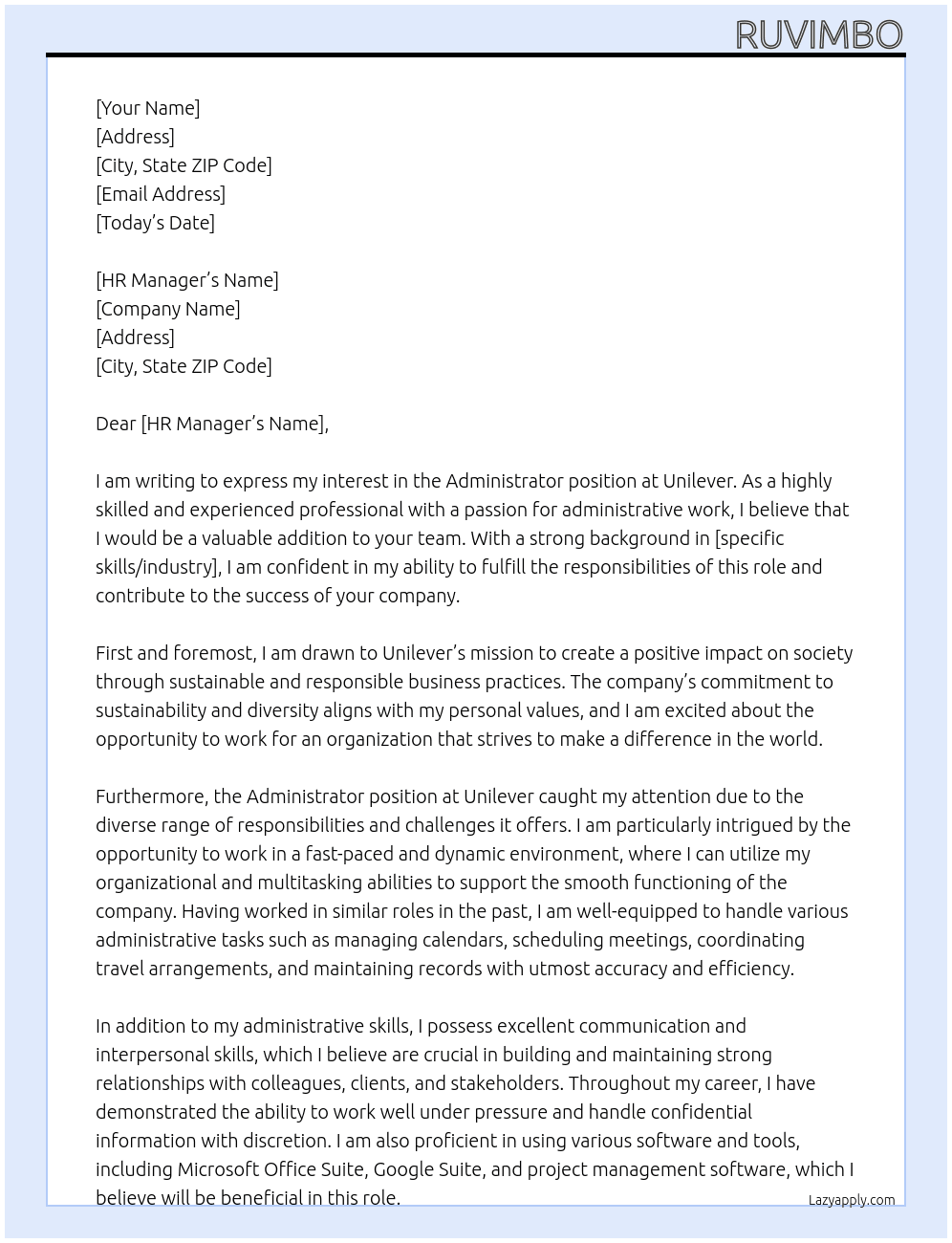 Administrator At Unilever Cover Letter