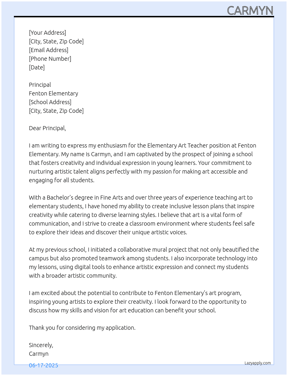 elementary art teacher At Fenton elementary  Cover Letter