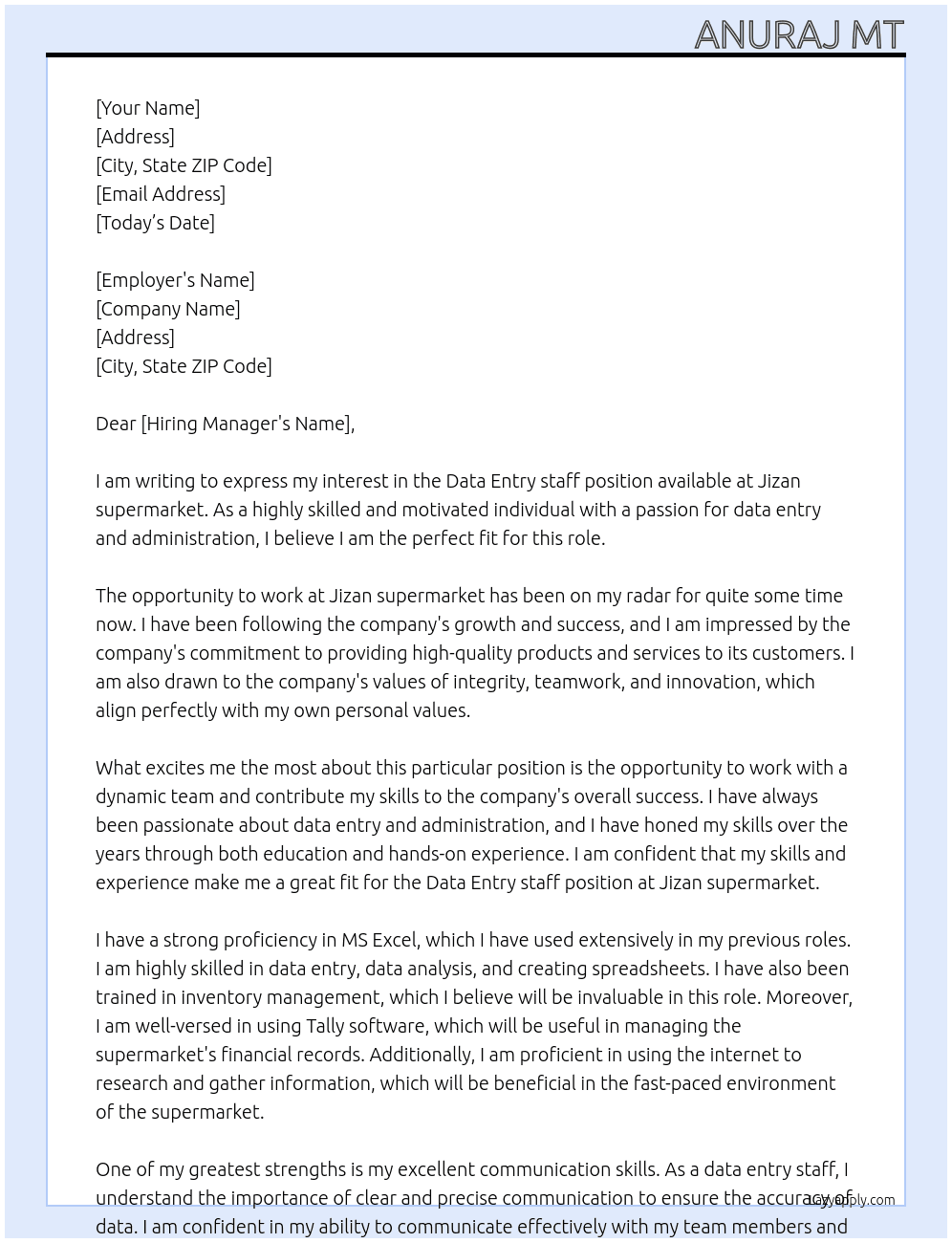 Data Entry staff At Jizan supermarket  Cover Letter