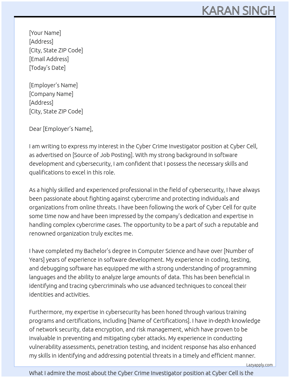 cyber crime investigator At cyber cell Cover Letter