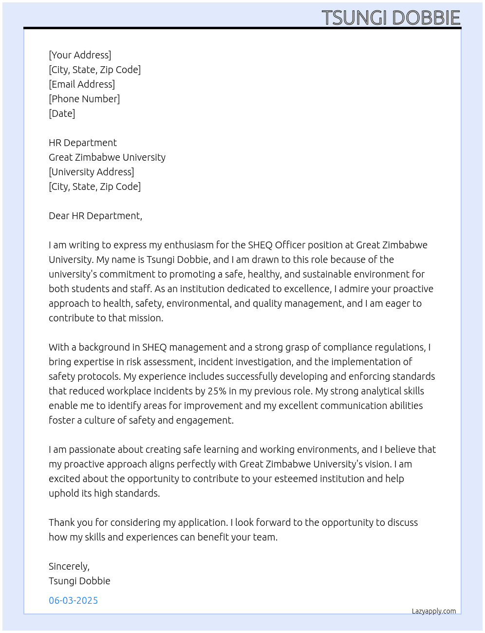 SHEQ Officer At Great Zimbabwe University Cover Letter