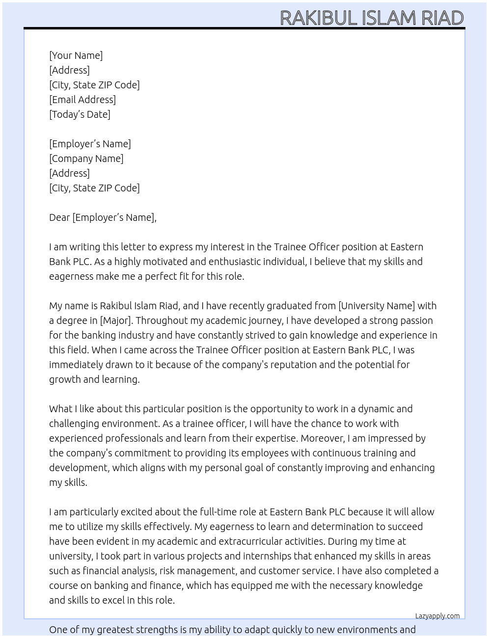 Trainee Officer At Eastern Bank PLC Cover Letter