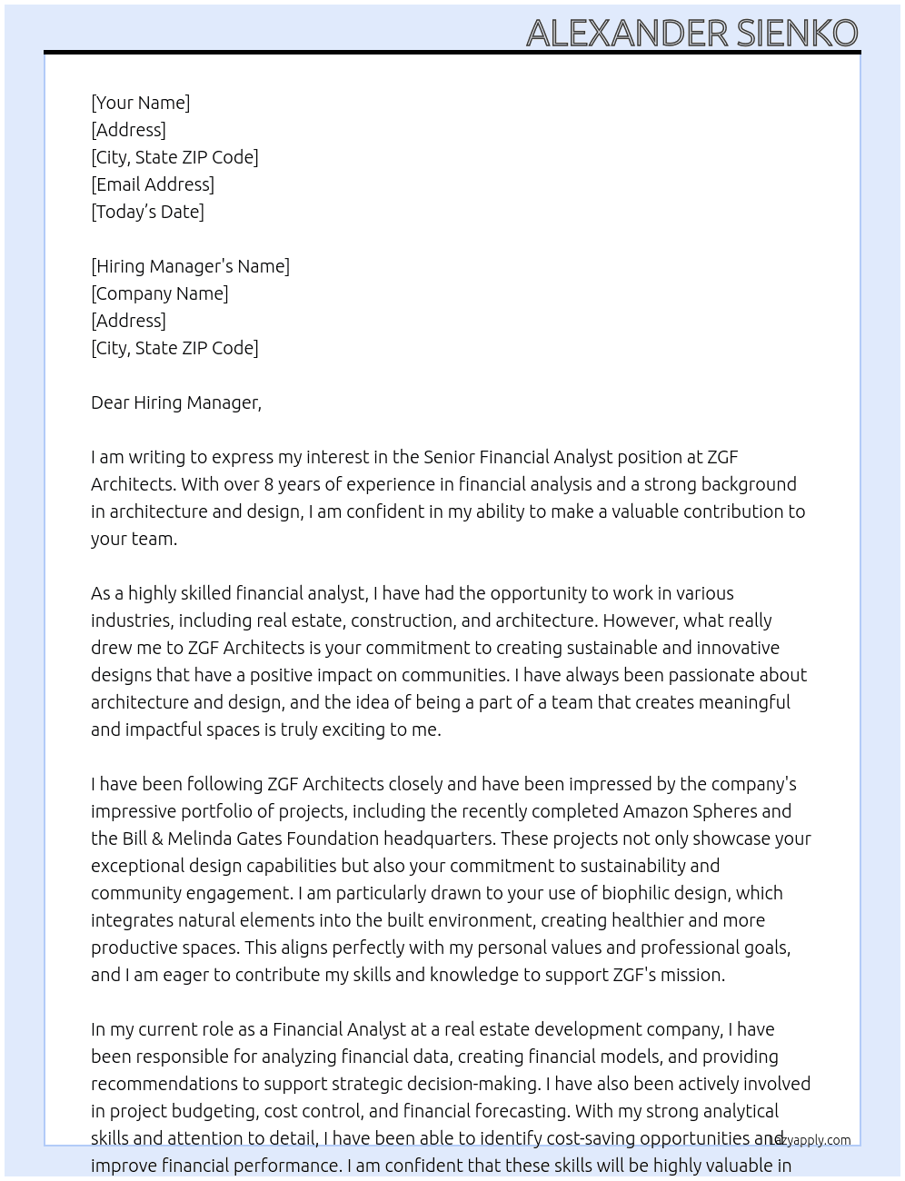 Senior Financial Analyst At ZGF Architects Cover Letter