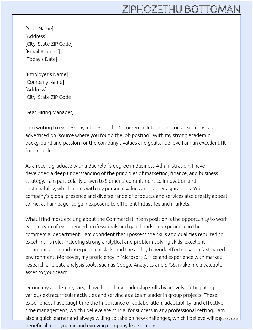 Commercial Intern At Siemens Cover Letter