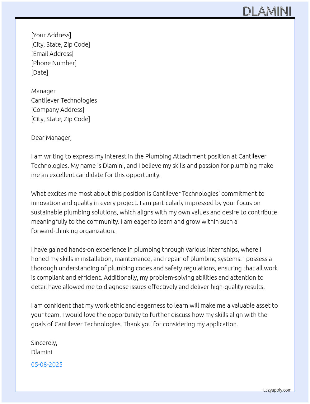 Attachment as a plumber At Cantilever technologies  Cover Letter