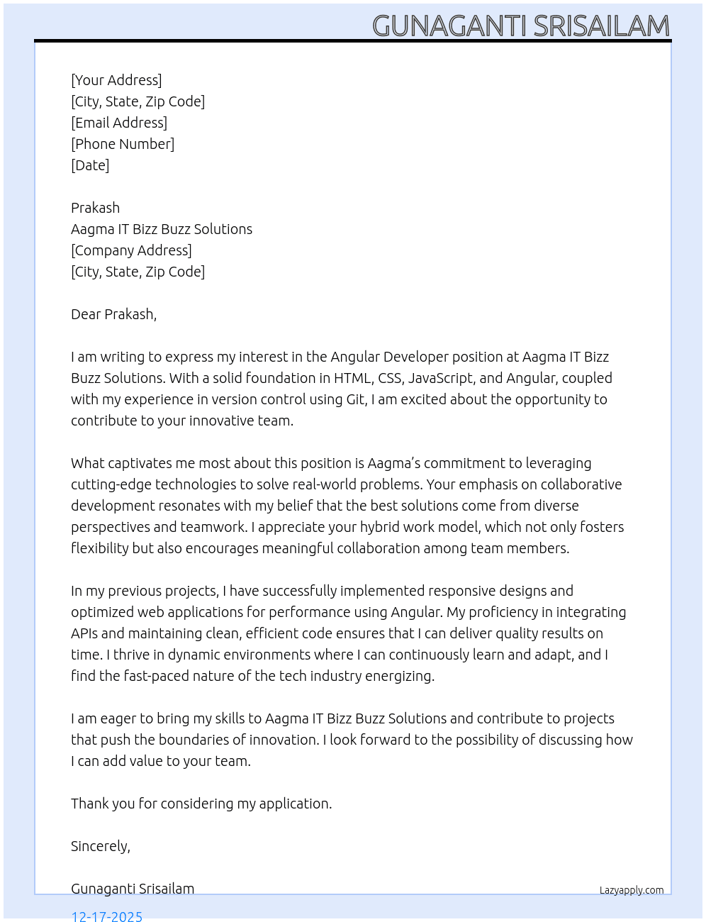 Cover letter for angular - LazyApply