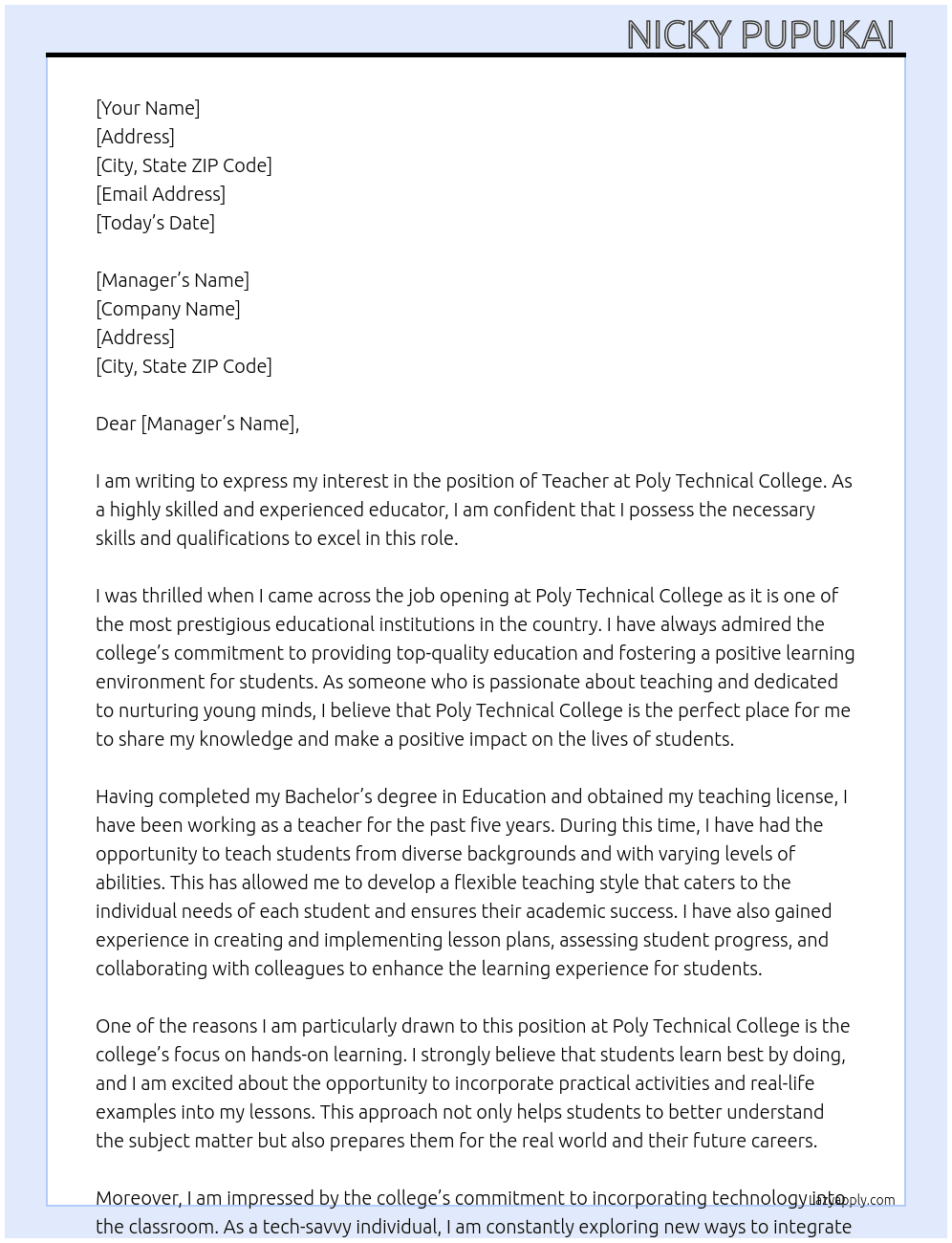 Teacher  At Poly Technical College  Cover Letter