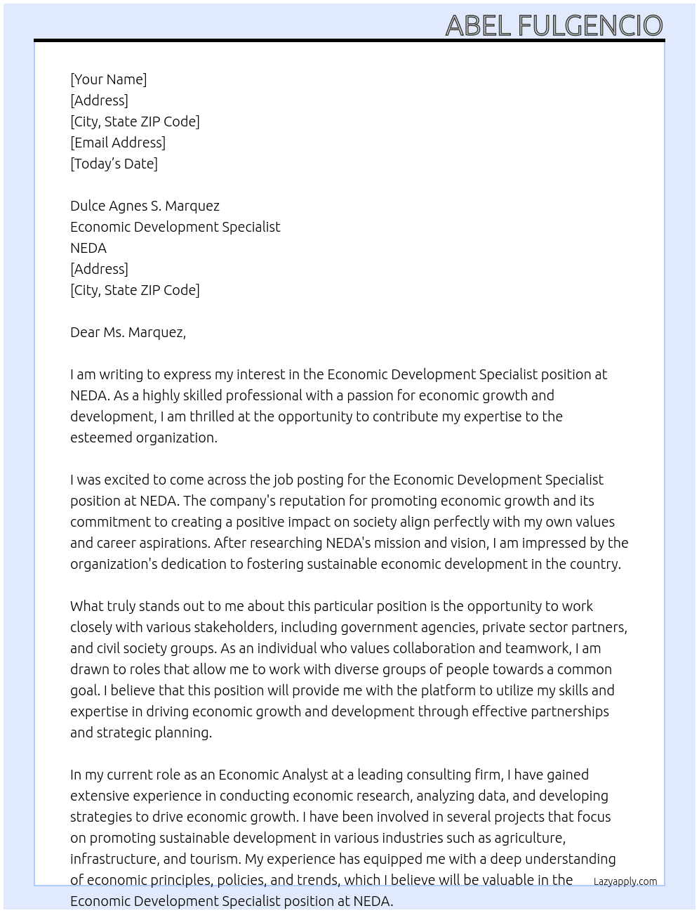 Cover letter for economic development specialist - LazyApply