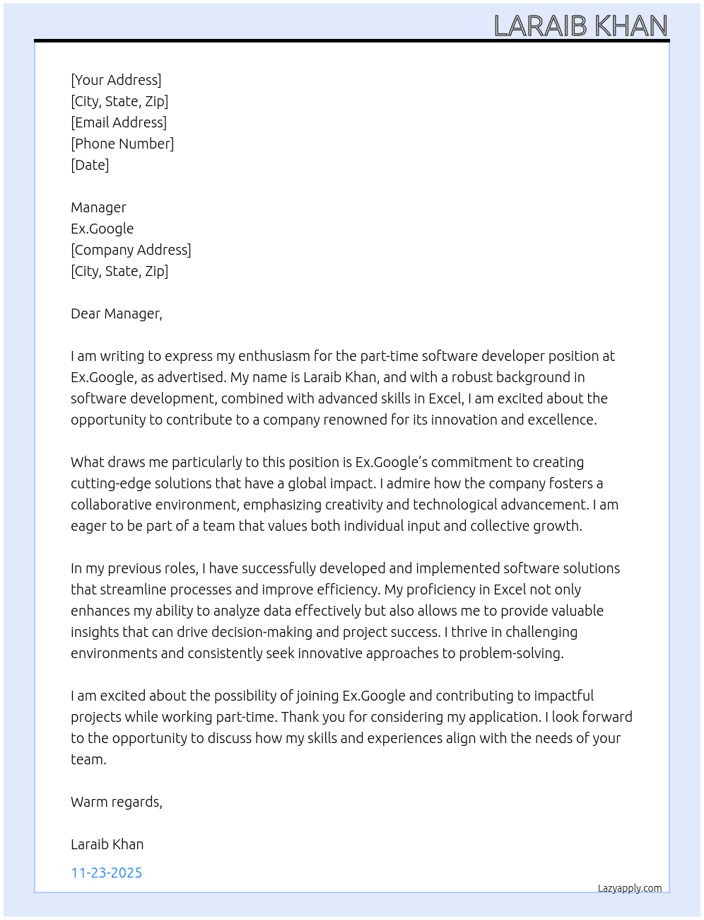 Ex.software developer At Ex.google Cover Letter
