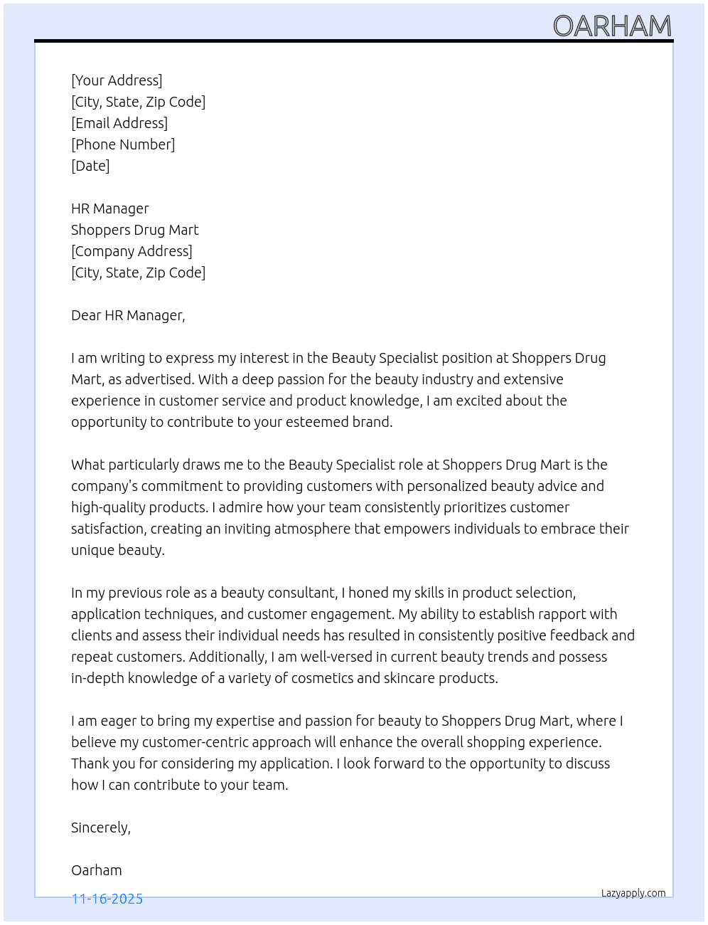 Beauty specialist  At Shoppers Drug Mart Cover Letter