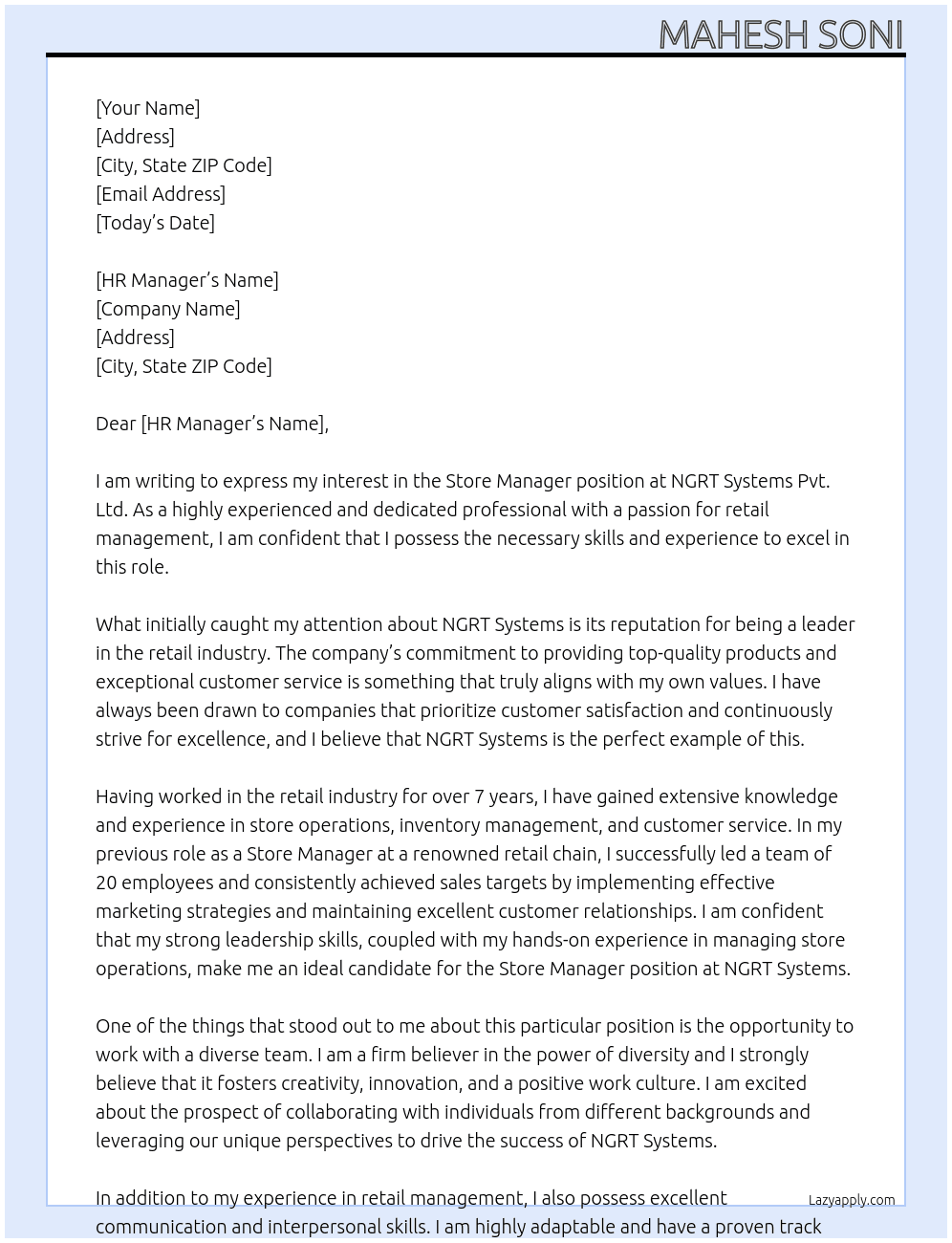 Store Manager At NGRT Systems Pvt. Ltd. Cover Letter