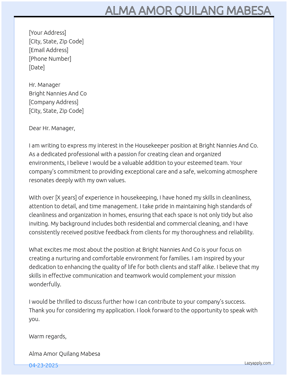 Housekeeper At Bright Nannies  And Co Cover Letter
