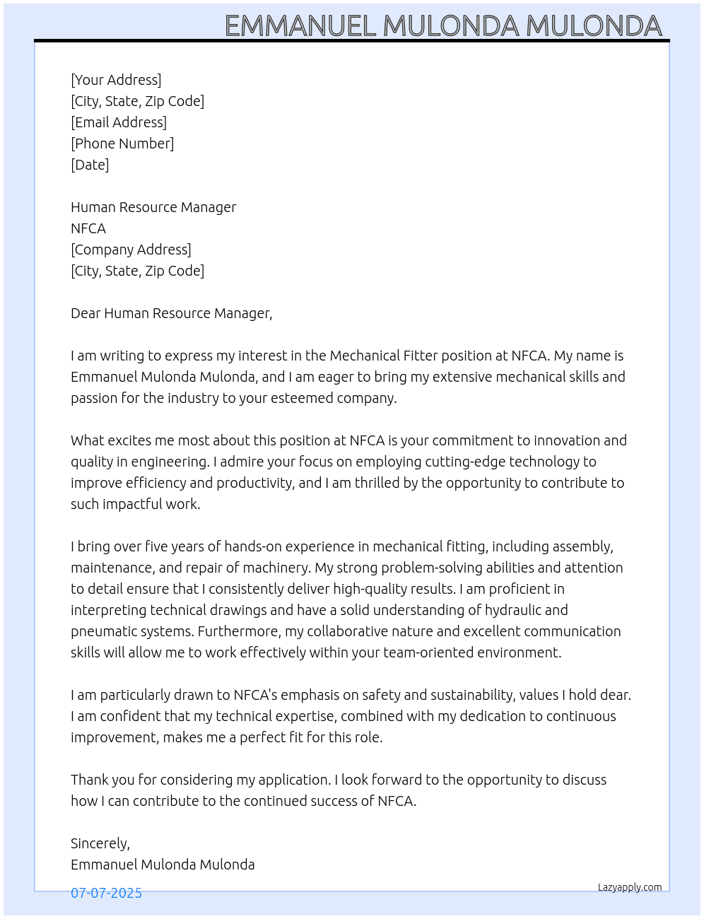 Mechanical fitter  At NFCA Cover Letter
