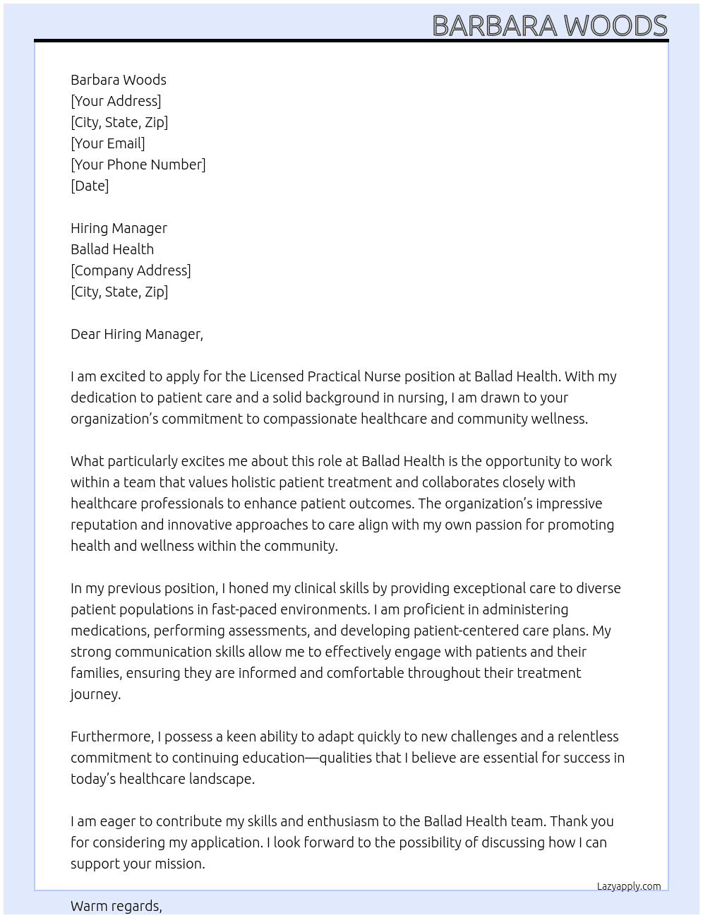 Licensed Practical Nurse At Ballad Health Cover Letter