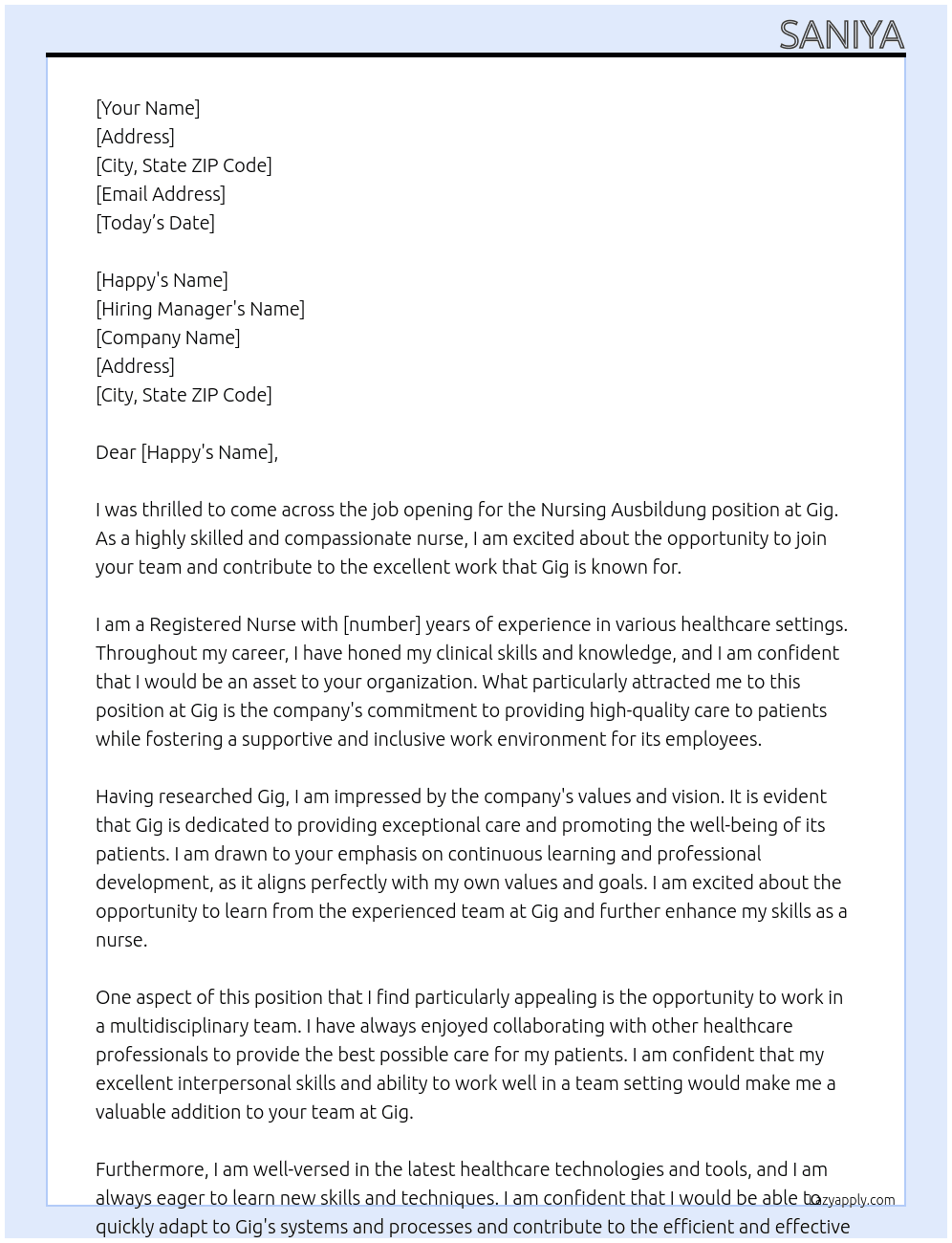 Nursing Ausbildung  At Gig Cover Letter