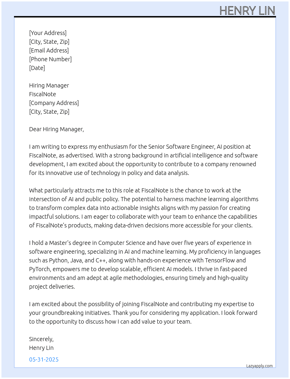 Senior Software Engineer, AI At FiscalNote Cover Letter