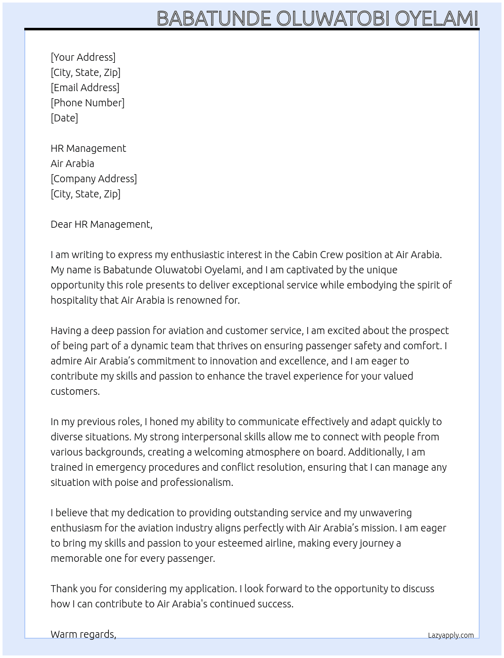 CABIN CREW At AIR ARABIA  Cover Letter