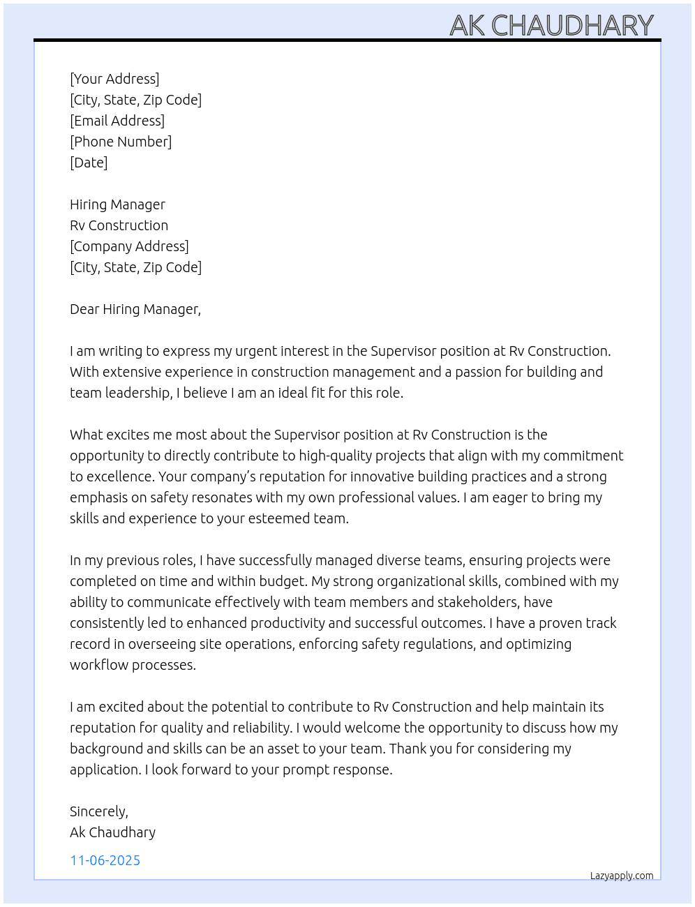 Supervisor  At Rv construction  Cover Letter