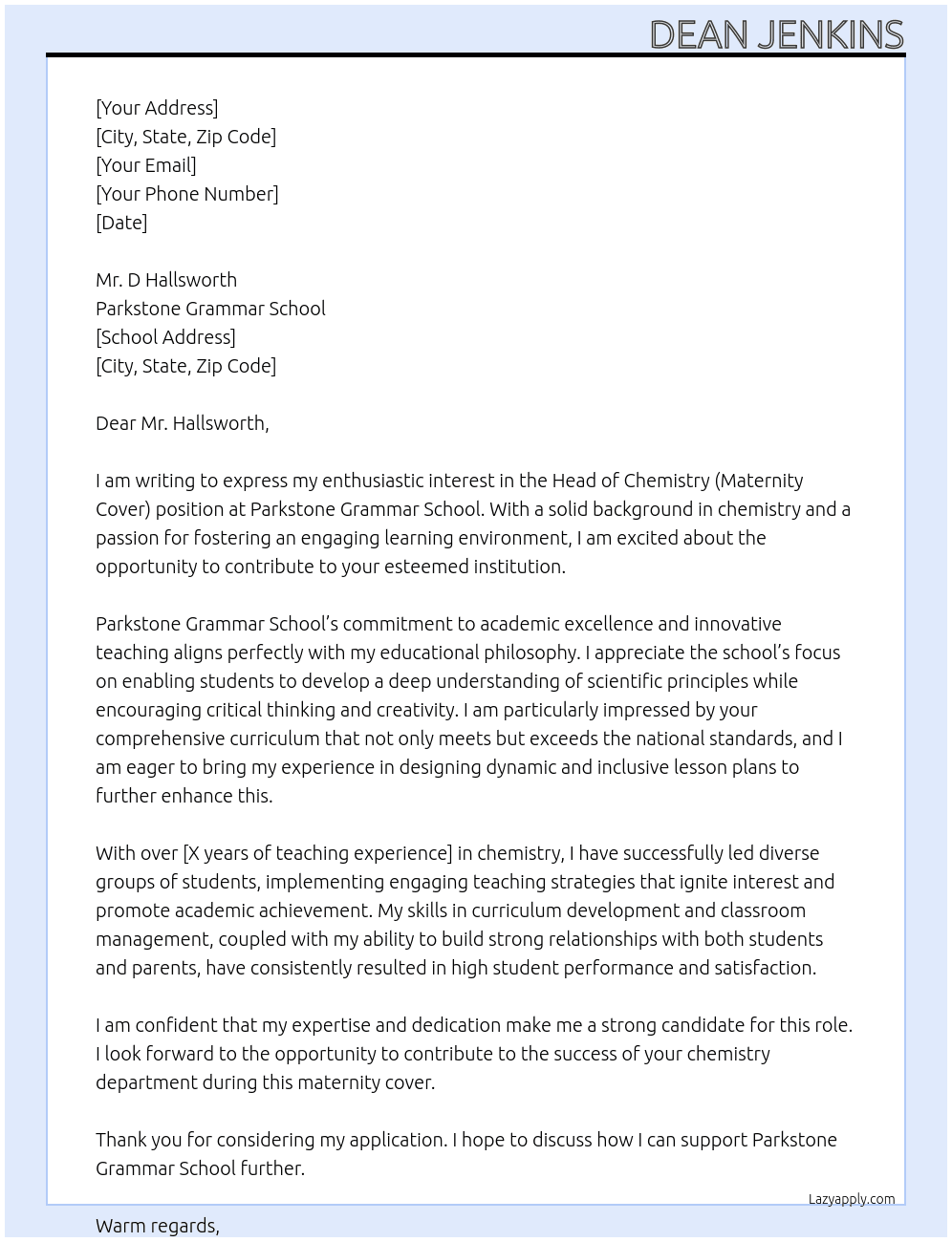 Head of Chemistry (Maternity cover) At Parkstone GRammar School Cover Letter