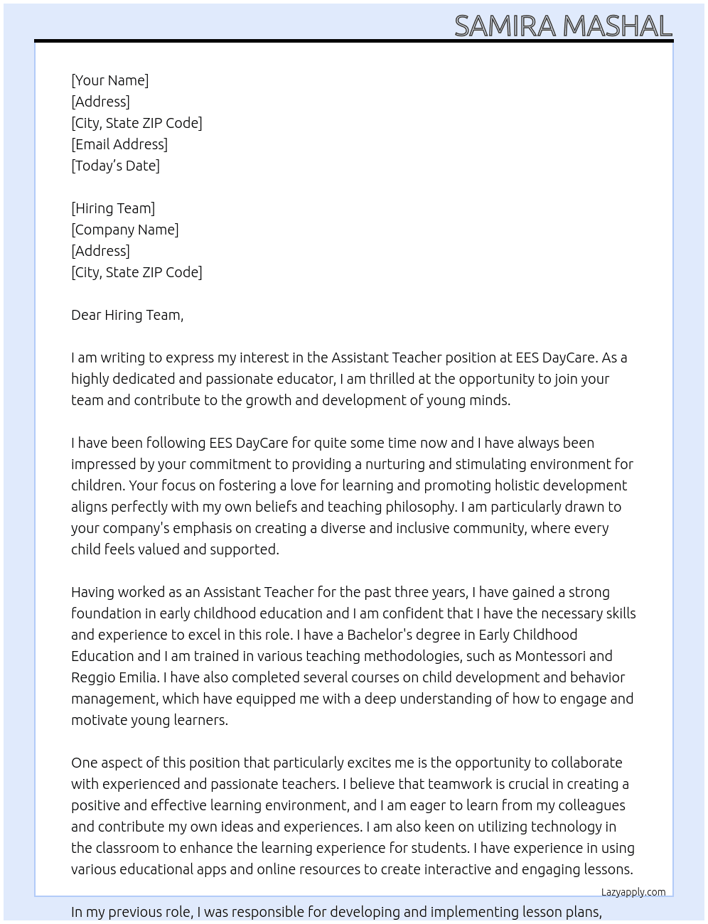 Assistant Teacher At EES DayCare  Cover Letter