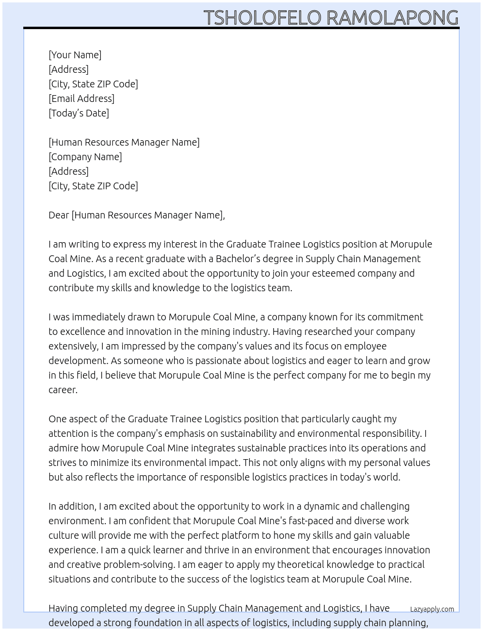 Graduate trainee logistics  At Morupule Coal Mine Cover Letter
