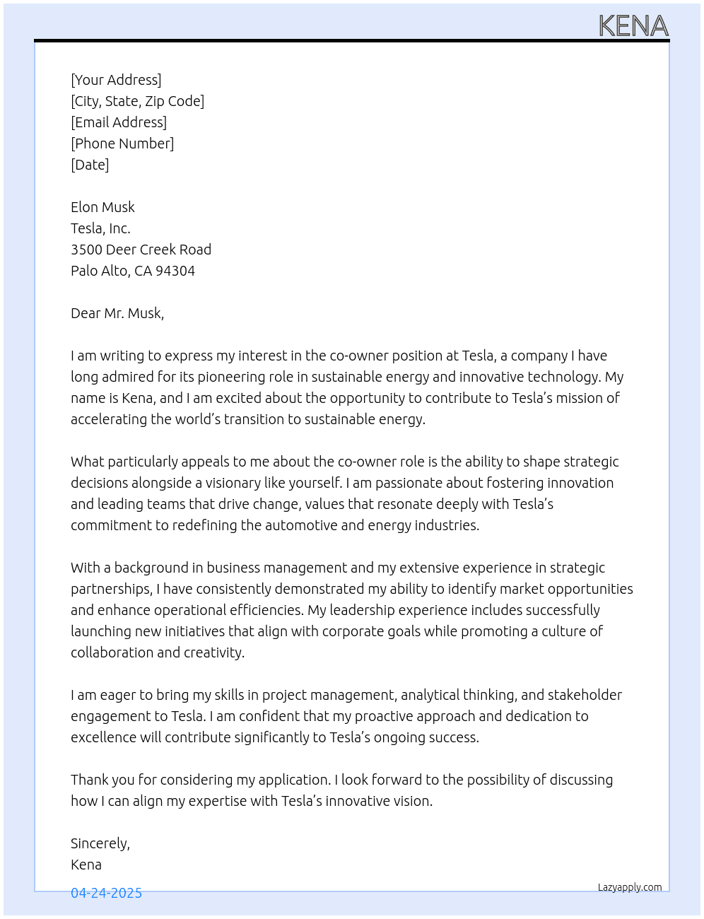 co owner At tesla Cover Letter