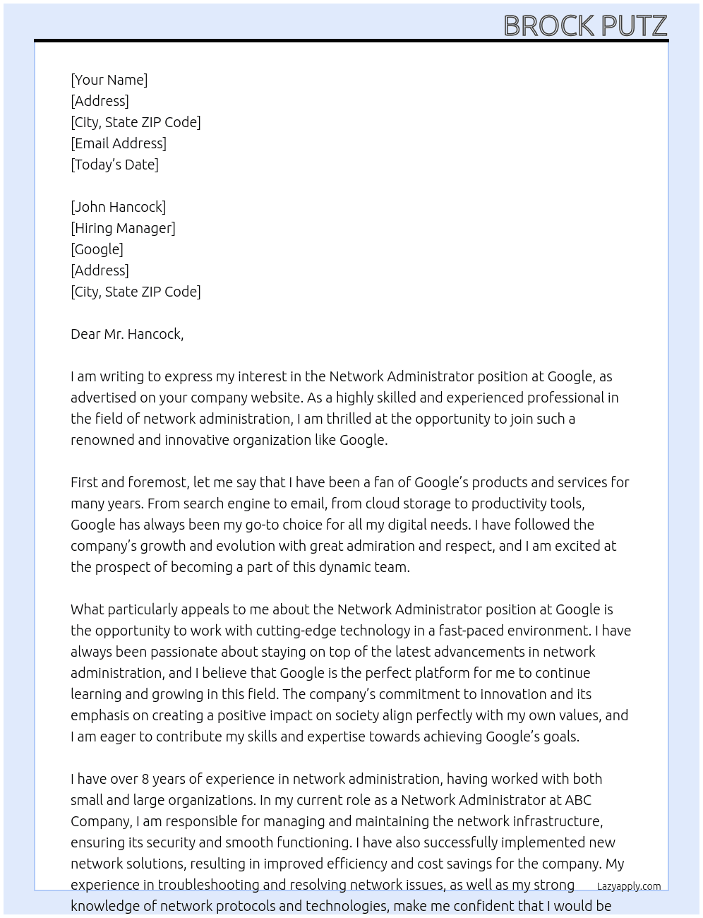 Cover letter for network administrator - LazyApply