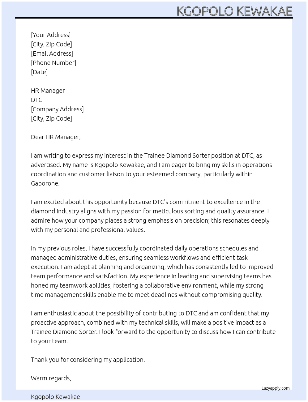 Trainee Diamond Sorter At DTC Cover Letter
