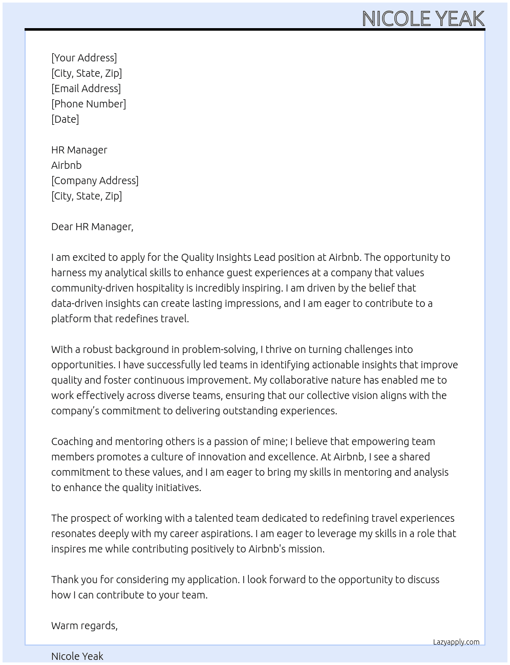 Quality Insights Lead At Airbnb Cover Letter