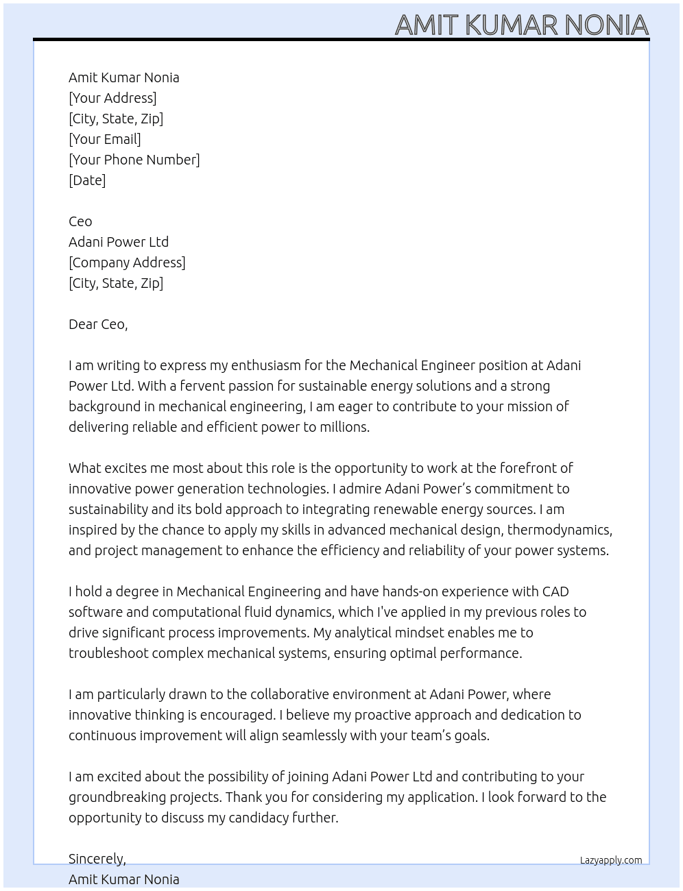 Cover letter for machanical engineer - LazyApply