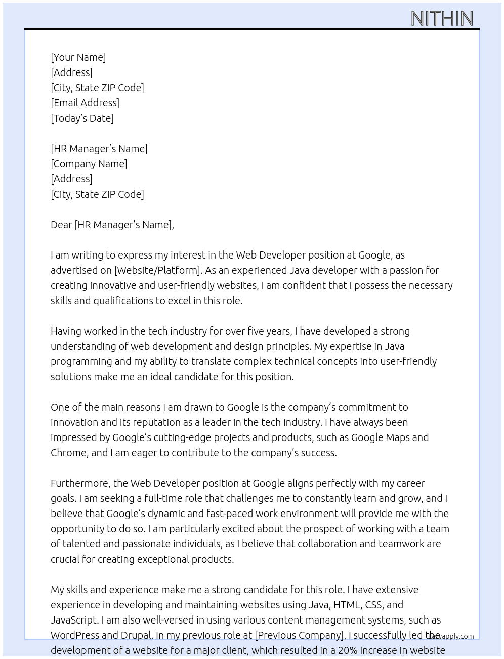 Web developer  At Google  Cover Letter