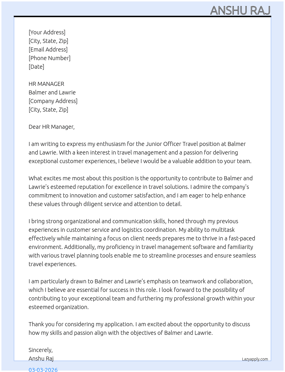 JUNIOR OFFICER TRAVEL At BALMER AND LAWRIE Cover Letter