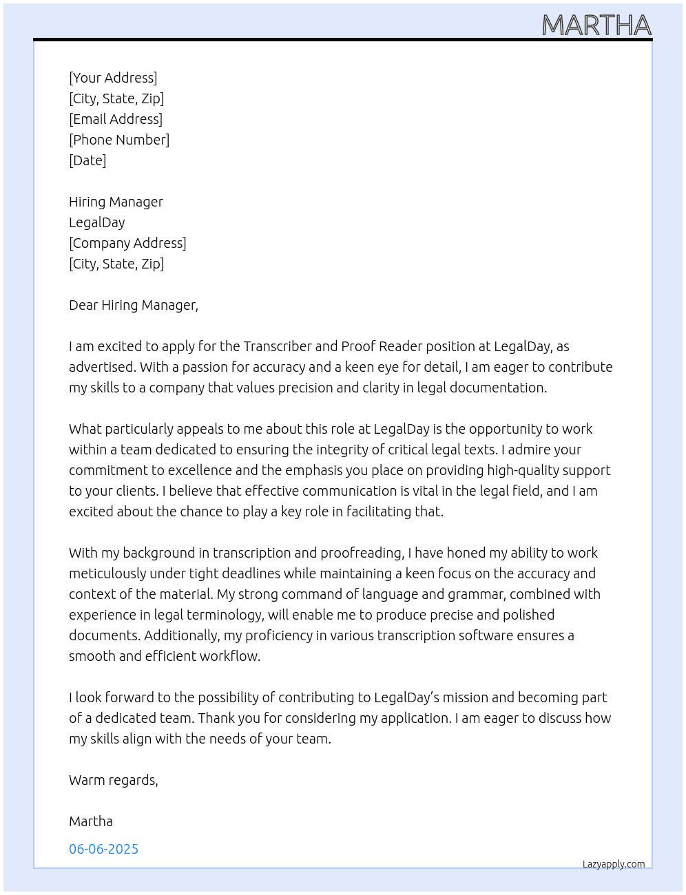 Transcriber and Proof Reader At LegalDay Cover Letter