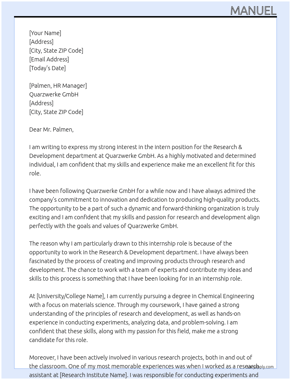 intern for the Research & Development department  At Quarzwerke GmbH Cover Letter