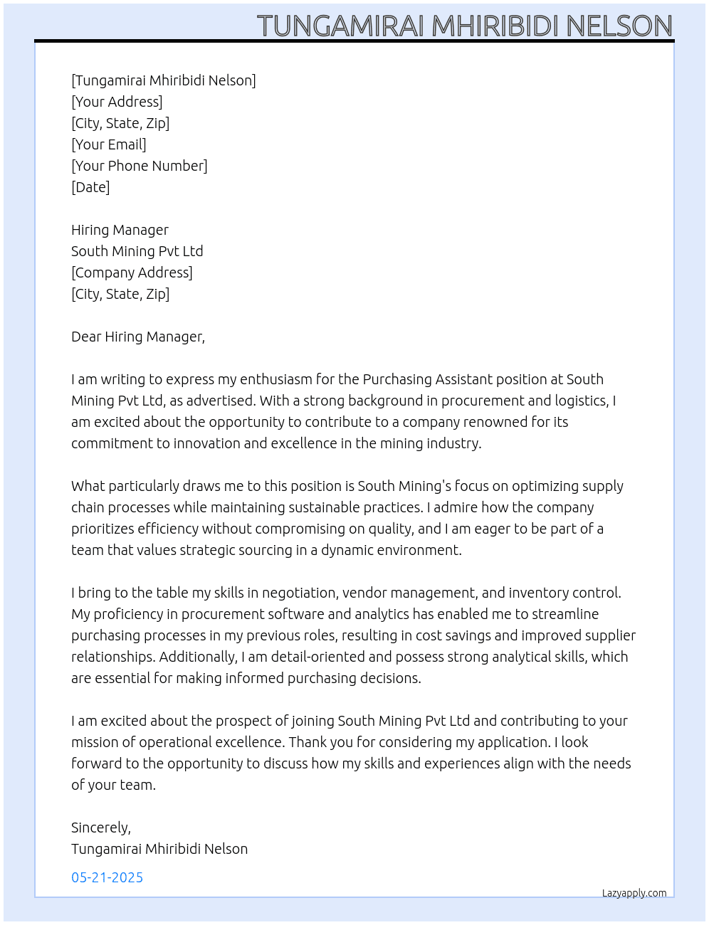 Purchasing Assistant At South Mining Pvt Ltd Cover Letter