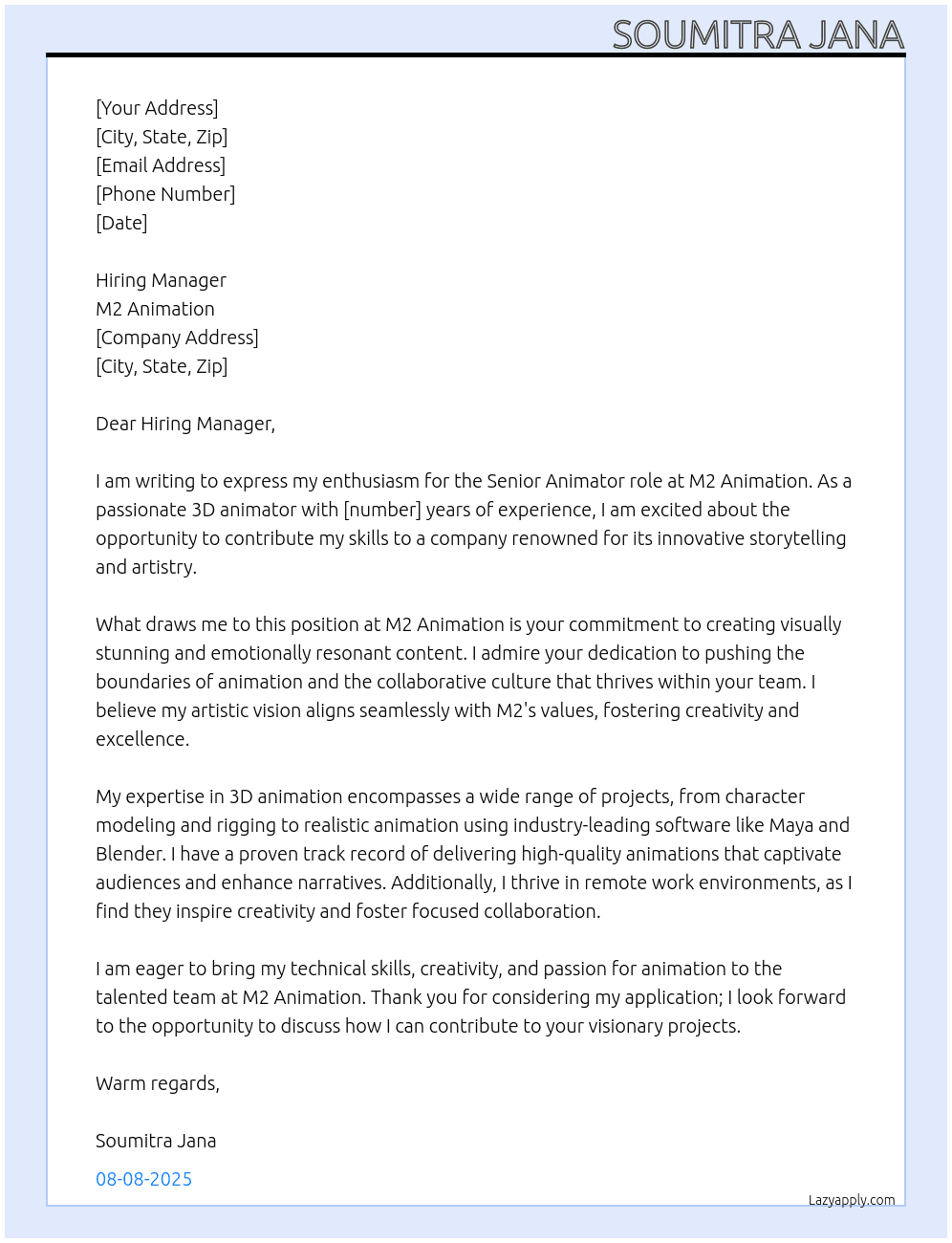 3D Animator At M2 Animation Cover Letter