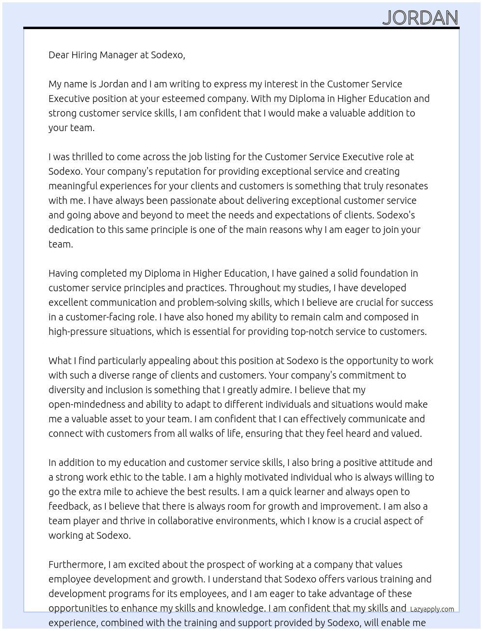 Customer Service Executive At Sodexo Cover Letter