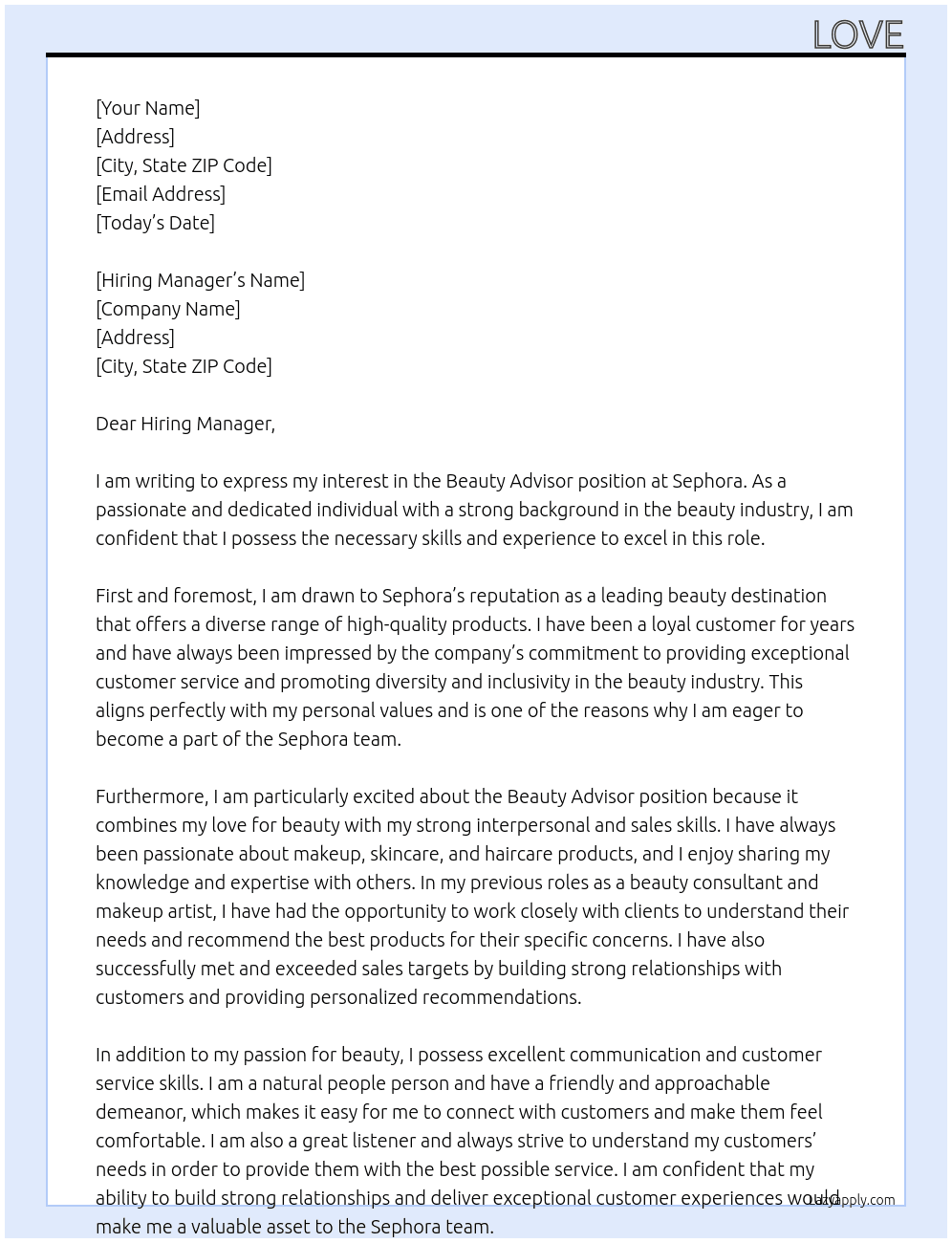 Beauty advisor At sephora Cover Letter