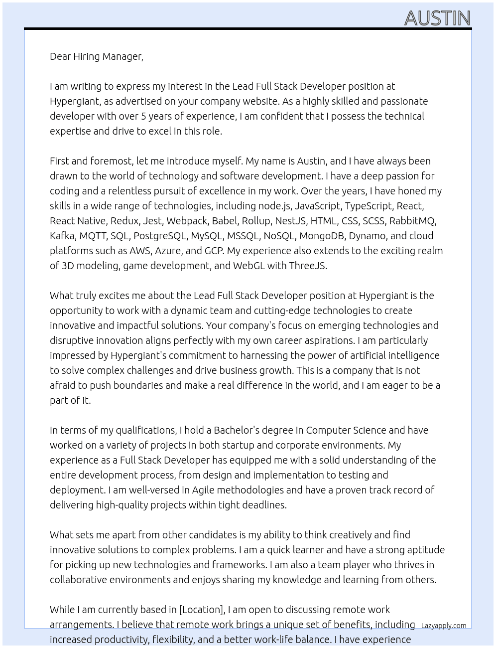 Lead Full Stack Developer At Hypergiant Cover Letter