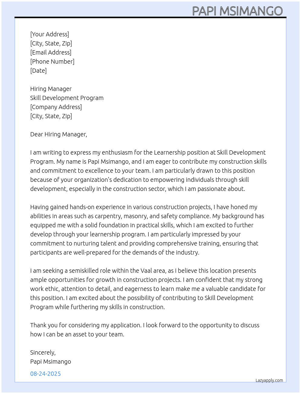 Learnership  At Skill Development Program  Cover Letter