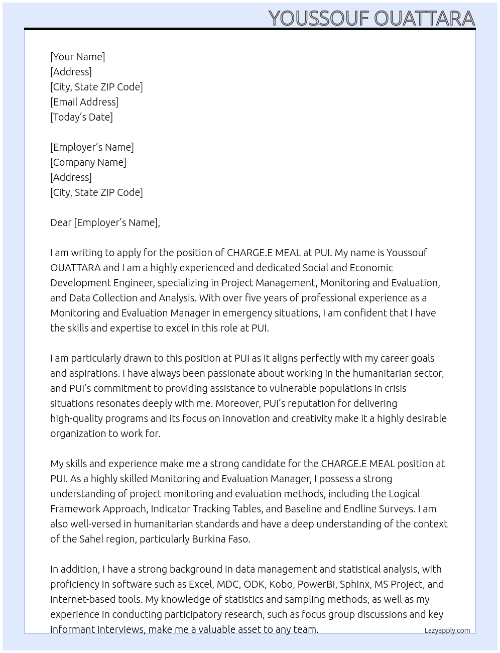 Cover letter for charge.e meal - LazyApply