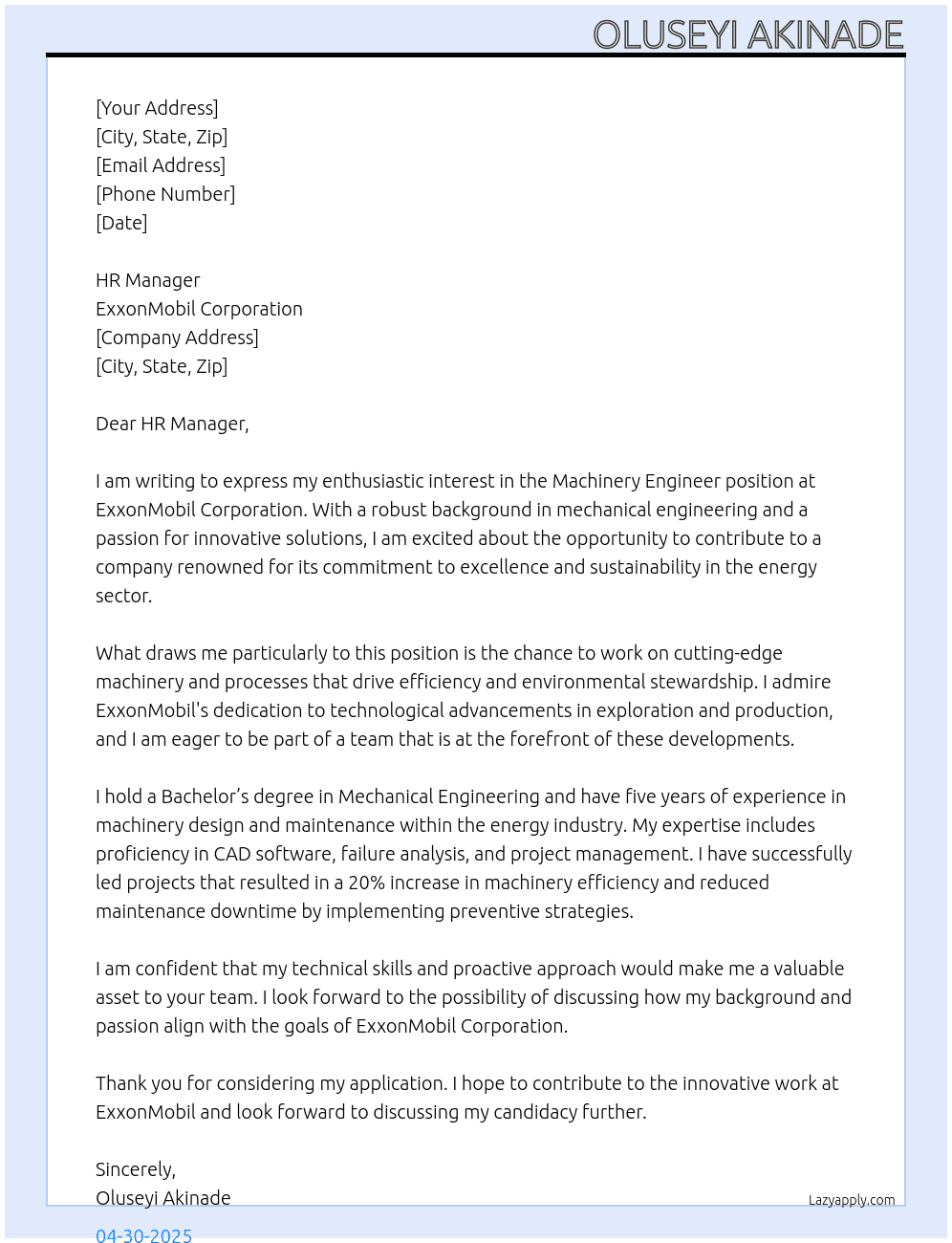 Machinery Engineer At ExxonMobil Corporation Cover Letter