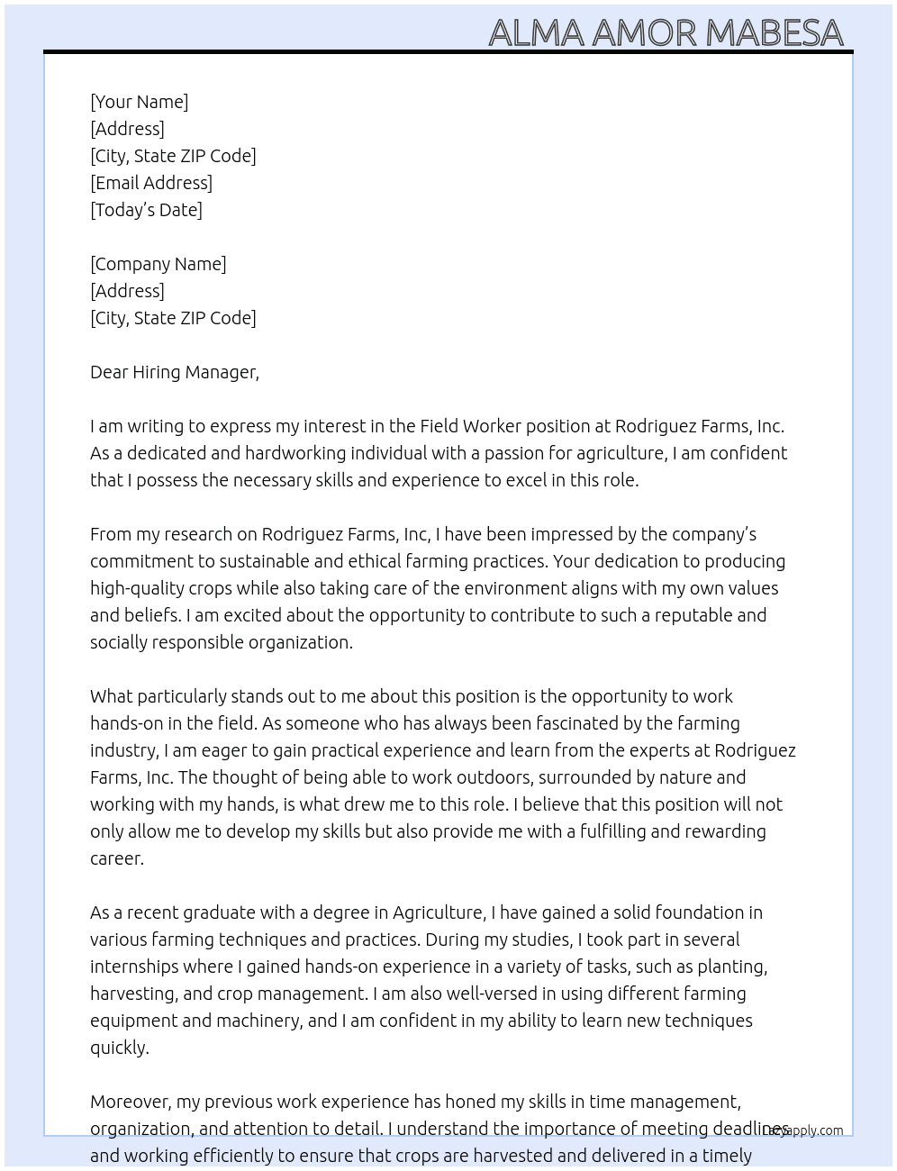 Field Workers At Rodriguez Farms, Inc Cover Letter