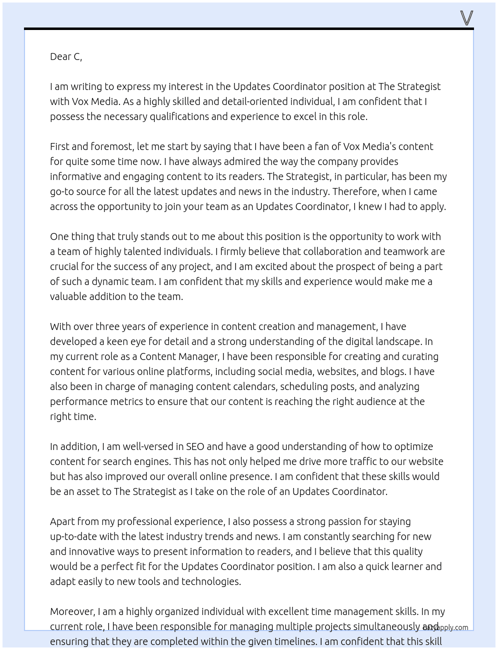Updates Coordinator, The Strategist At Vox Media Cover Letter